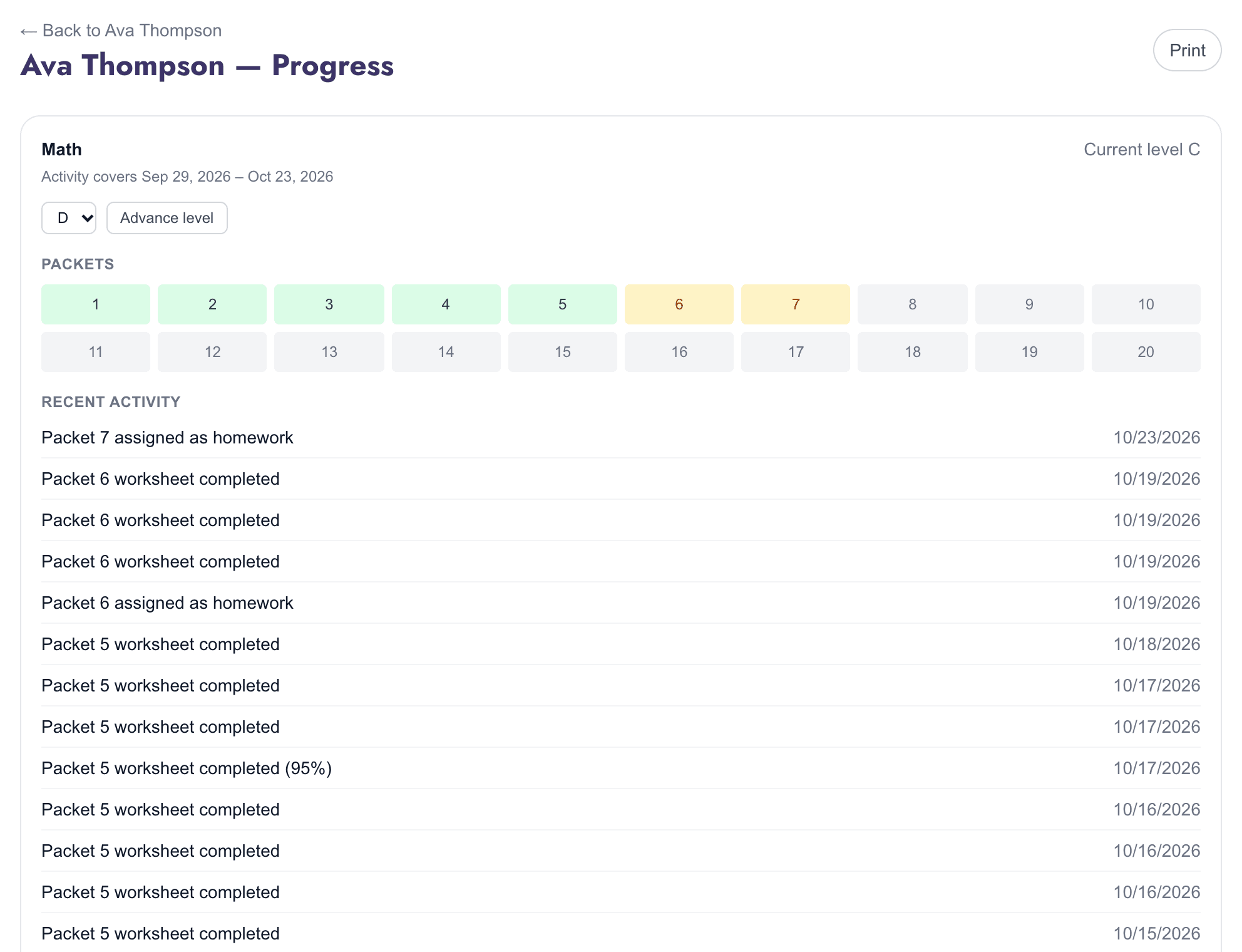 Student progress page with packet grid, recent activity and level history