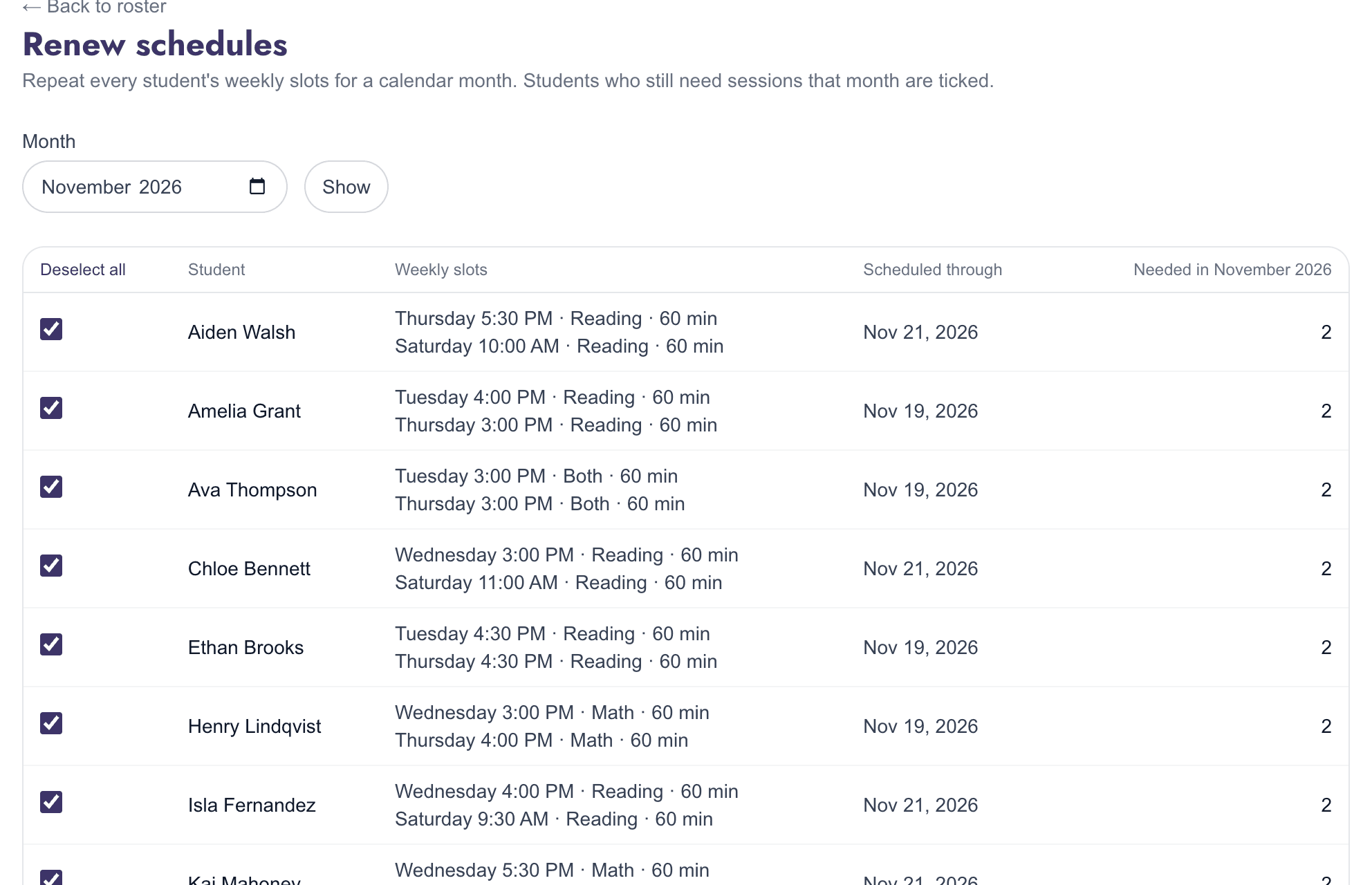 Renew schedules page listing each student's weekly slots for next month