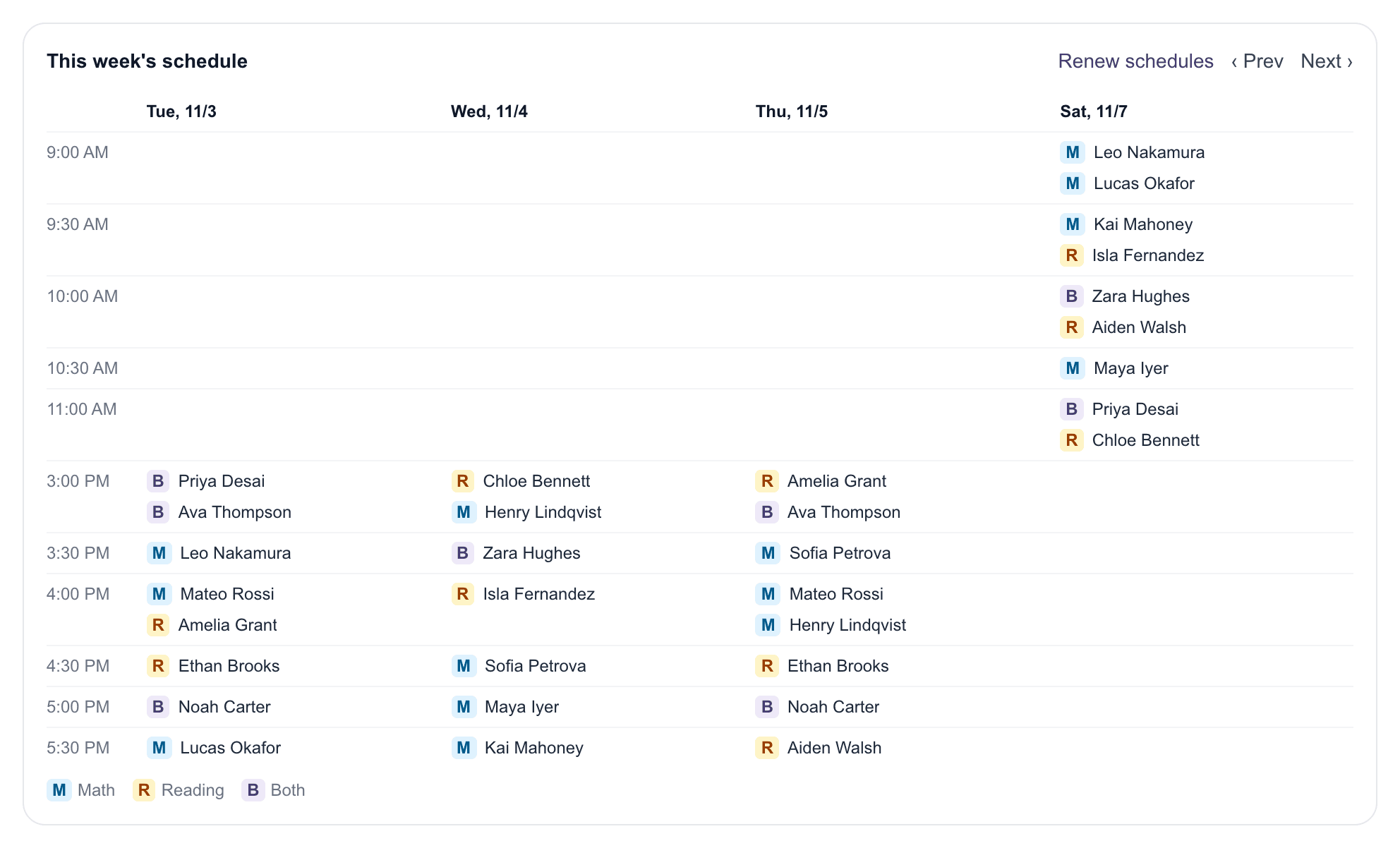 Weekly schedule grid